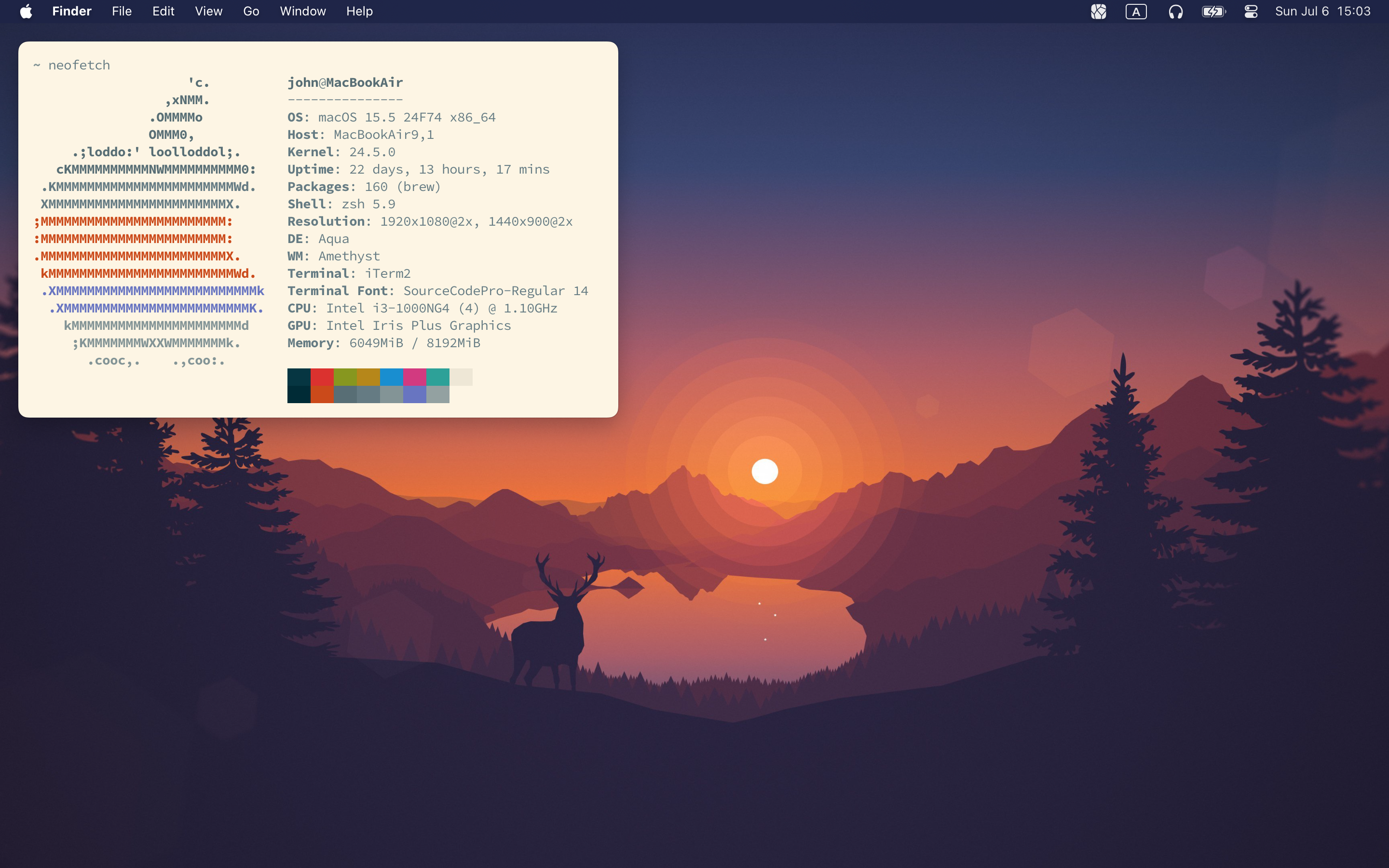 Screenshot of my Mac’s desktop as of 2025, showcasing the wallpaper and a single terminal window with the output of neofetch.