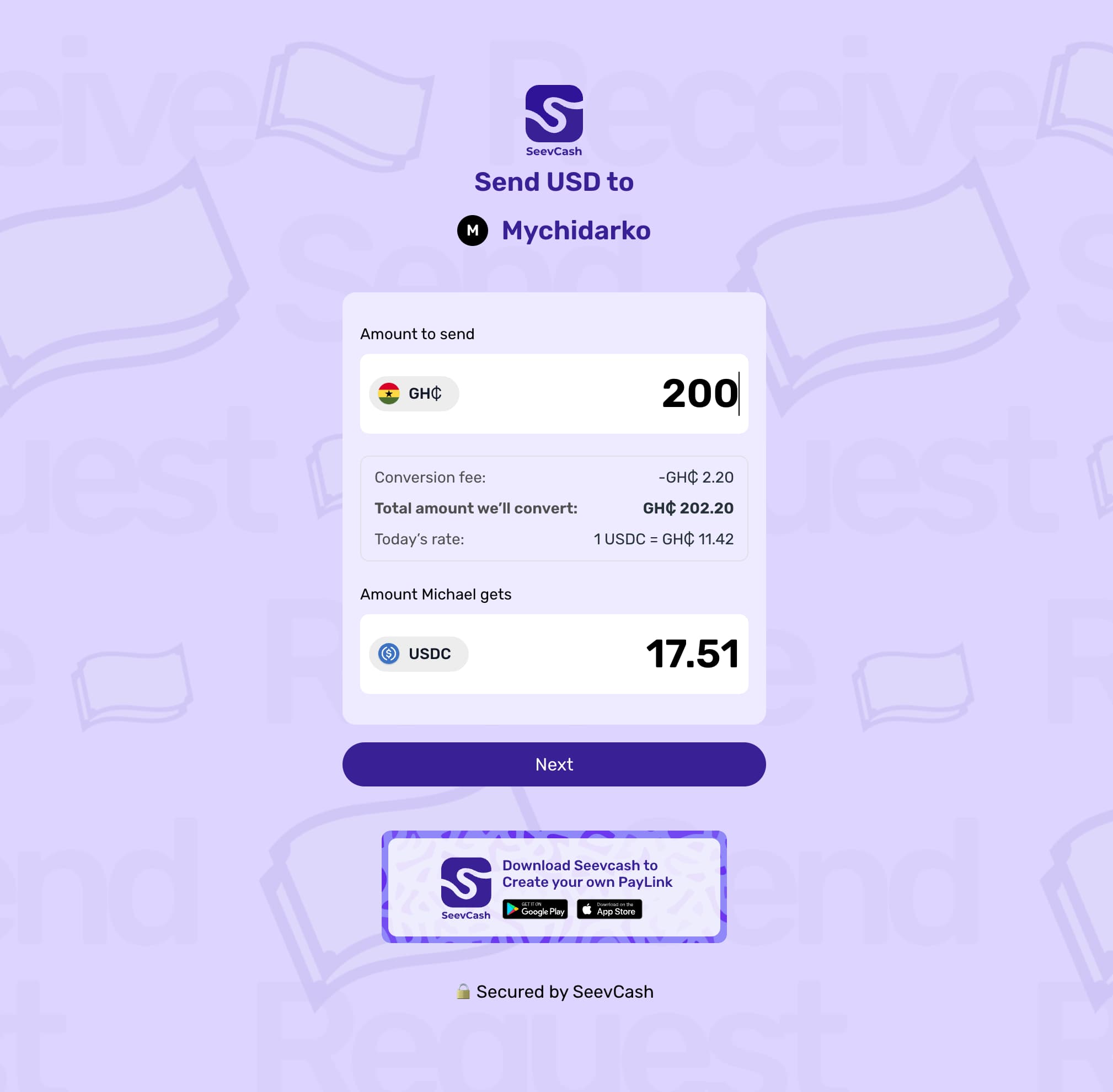 Seev Cash cross-border payment app interface design